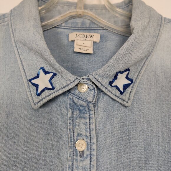J. Crew Women's Shirt Size L Blue White Stars Cotton Patchwork Western Cowgirl - Picture 3 of 11